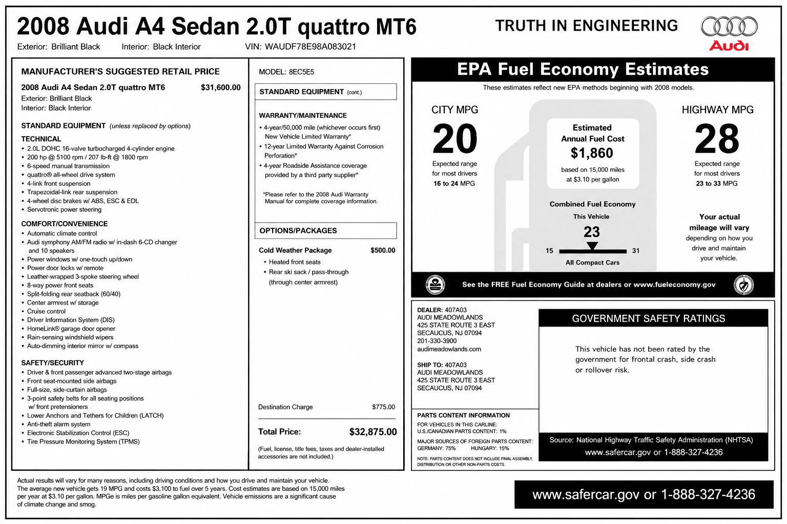 2008 audi a4 b7 2.0t quattro window sticker