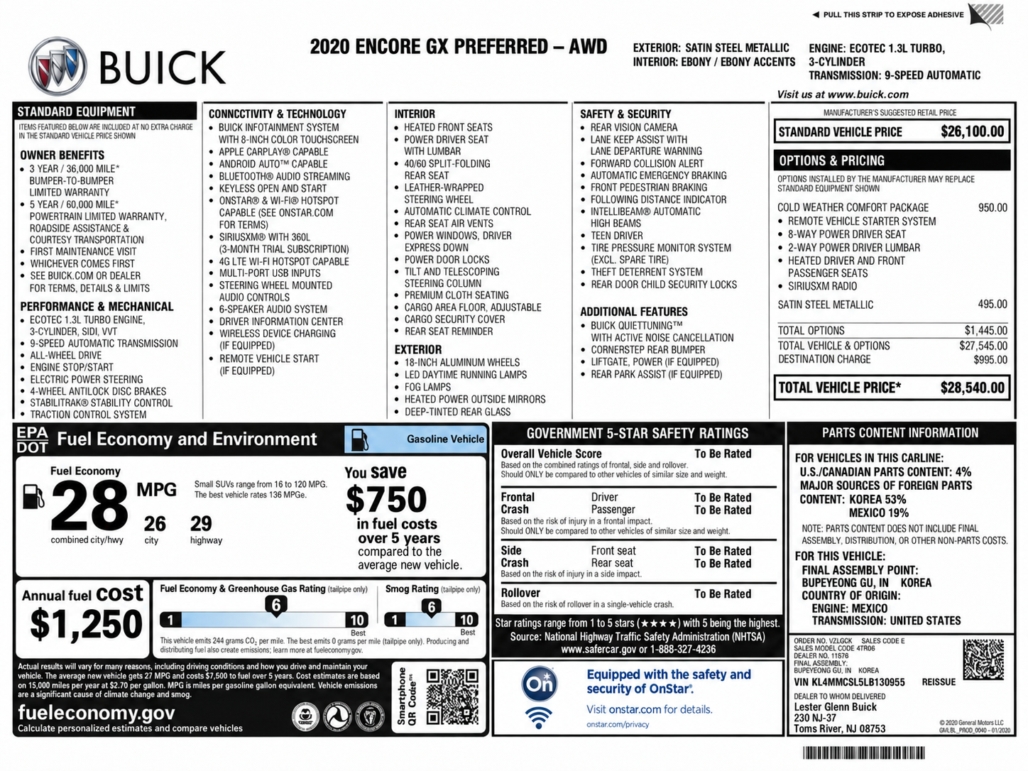 encore gx preferred awd window sticker